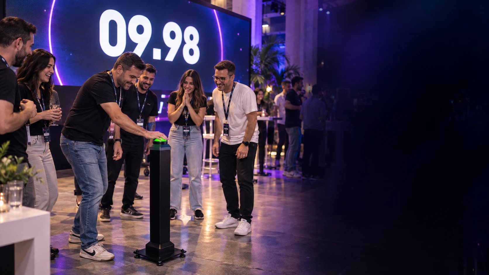 Event guests slamming a green buzzer in front of a giant screen showing 09.98