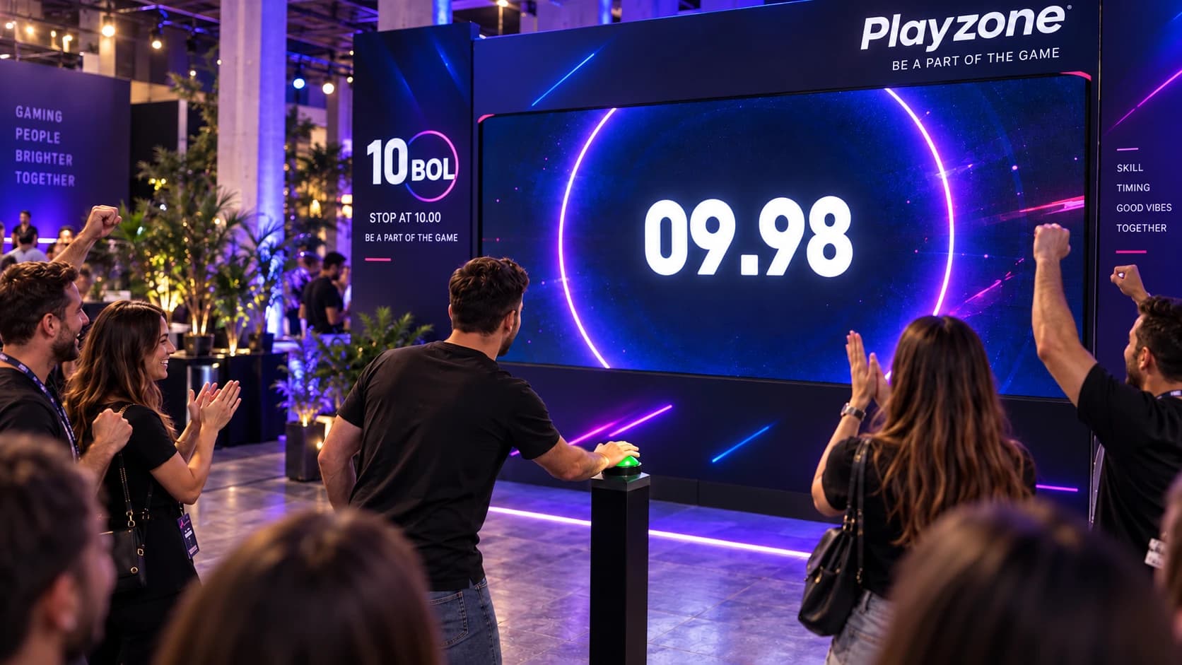 A player slams the buzzer in front of a giant event screen as the crowd cheers